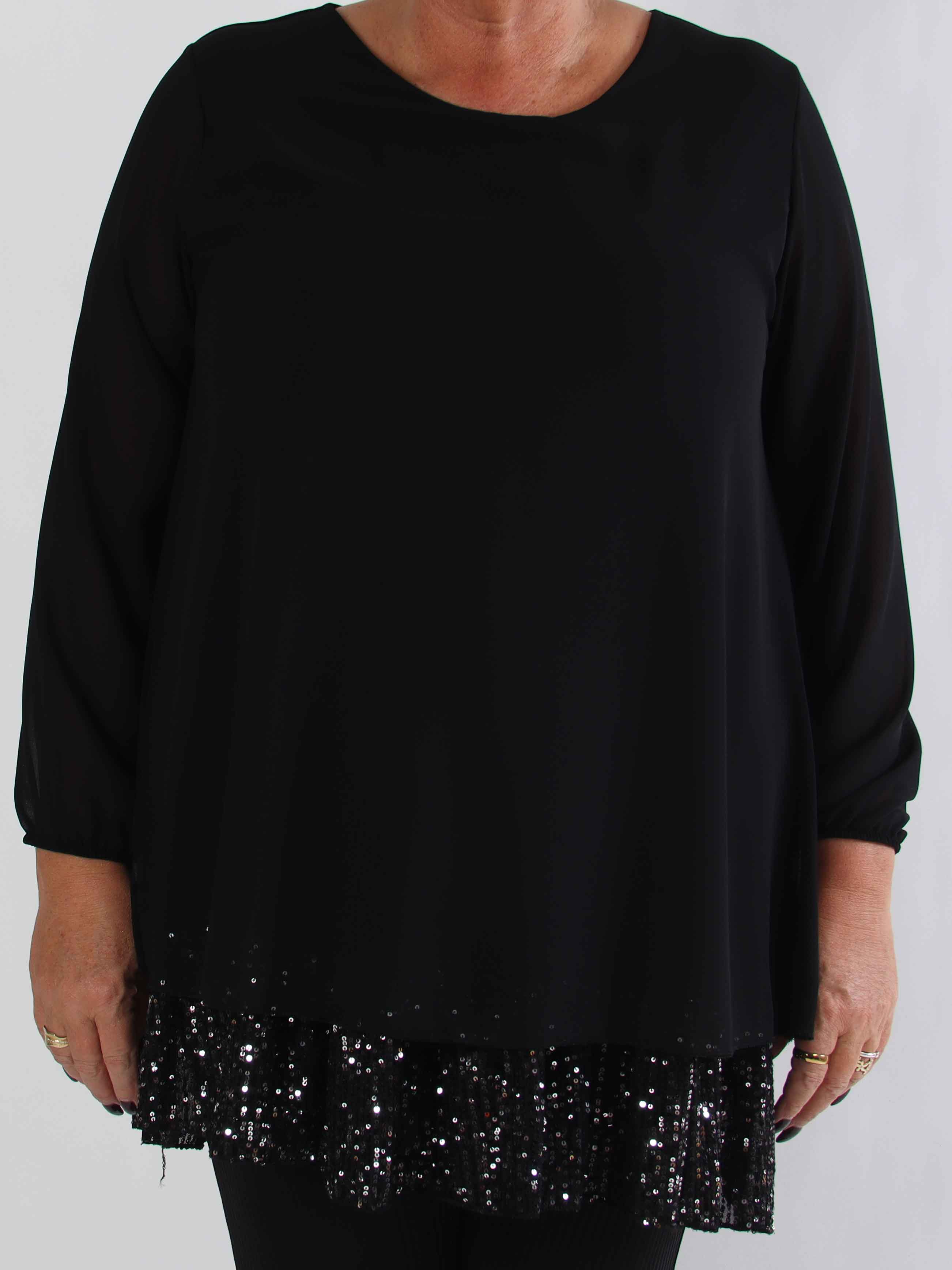 Kamilla - Festredo plus size tunikaklänning med chiffonglager och paljetter